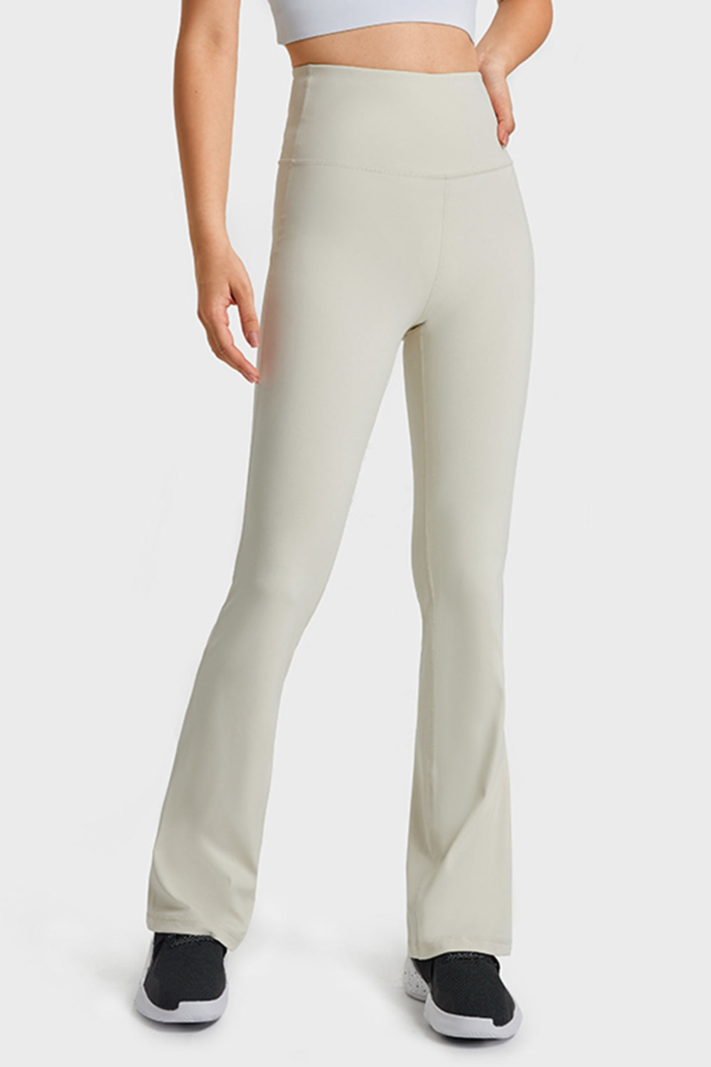 FutureFlex Flare Yoga Pants in white, high-waisted, breathable activewear leggings.