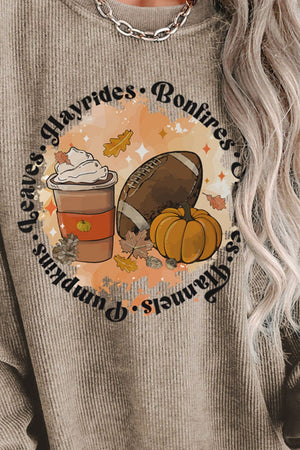 Khaki ribbed knit sweatshirt with a graphic featuring a coffee cup, football, and pumpkin.