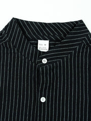 Black striped long sleeve men's shirt with band collar and button detail.