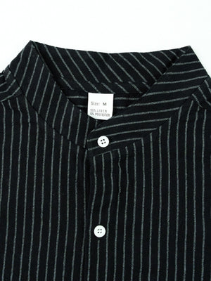 Black striped long sleeve men's shirt with band collar and button detail.