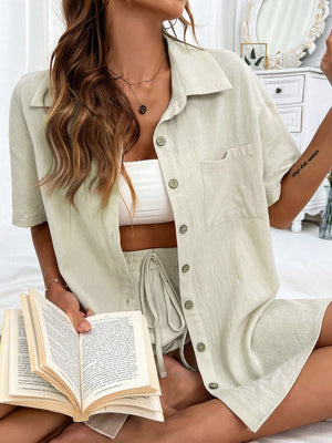 Sage linen resort shirt & short set with button front and drawstring shorts.