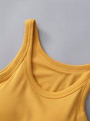 Ribbed knit mustard yellow tank top with built-in bra and scoop neckline.
