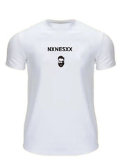 White graphic crew neck muscle tee with black text and face graphic