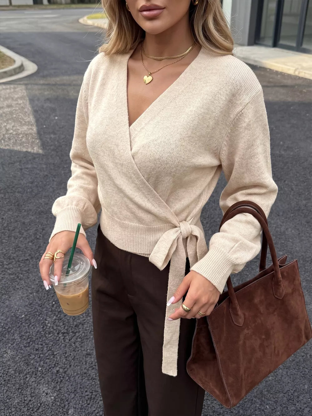 Tied Surplice Long Sleeve Sweater, model styling view