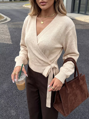 Tied Surplice Long Sleeve Sweater, model styling view