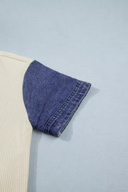 Ribbed knit shirt with blue denim short sleeves and cuff detail.