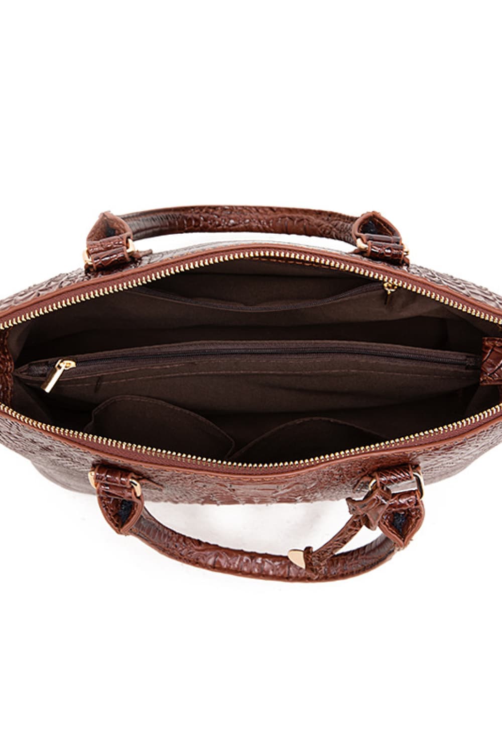 Brown crocodile embossed satchel with top handle and interior pockets.
