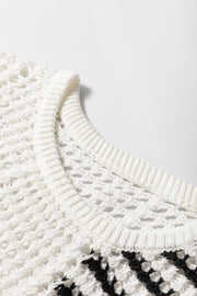 White crochet knit pullover sweater with black graphic stripe detail and ribbed neckline.
