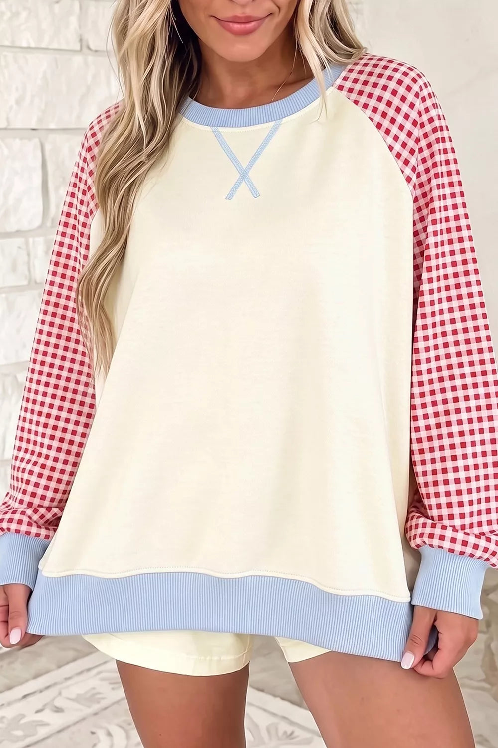 Plaid Raglan Sleeve Sweatshirt in Burnt Coral, front view