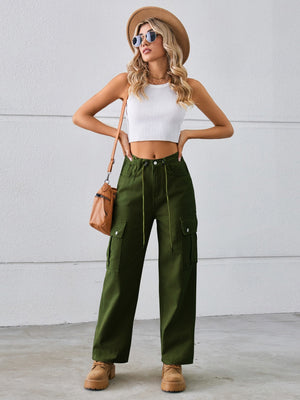 Army green denim cargo pants with drawstring waist and wide leg