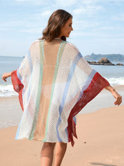 Striped mesh kimono cover-up with open knit and colorful vertical stripes.