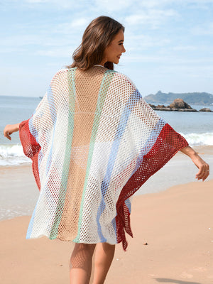 Striped mesh kimono cover-up with open knit and colorful vertical stripes.