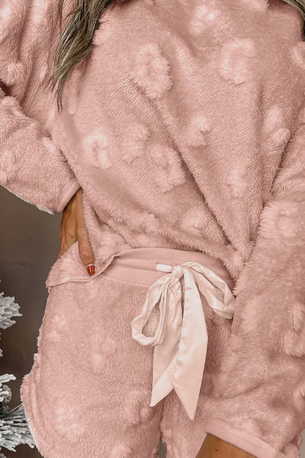 Textured blush pink loungewear set with a fuzzy cloud pattern and satin drawstring waist.