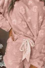 Textured blush pink loungewear set with a fuzzy cloud pattern and satin drawstring waist.