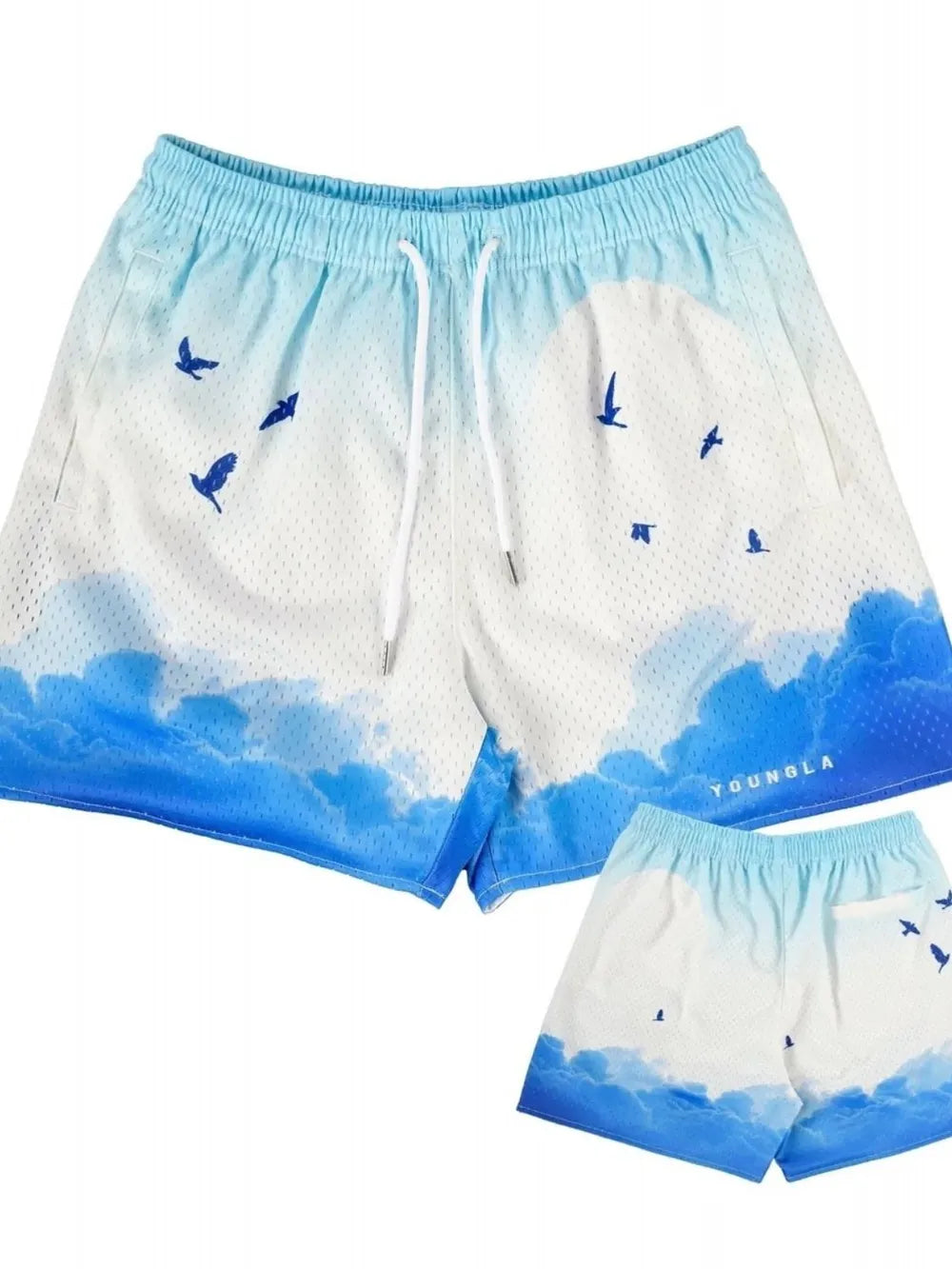Mesh athletic shorts with sky and cloud print and bird details.