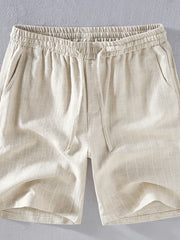 Khaki striped drawstring chino shorts for men with elastic waistband and pockets.