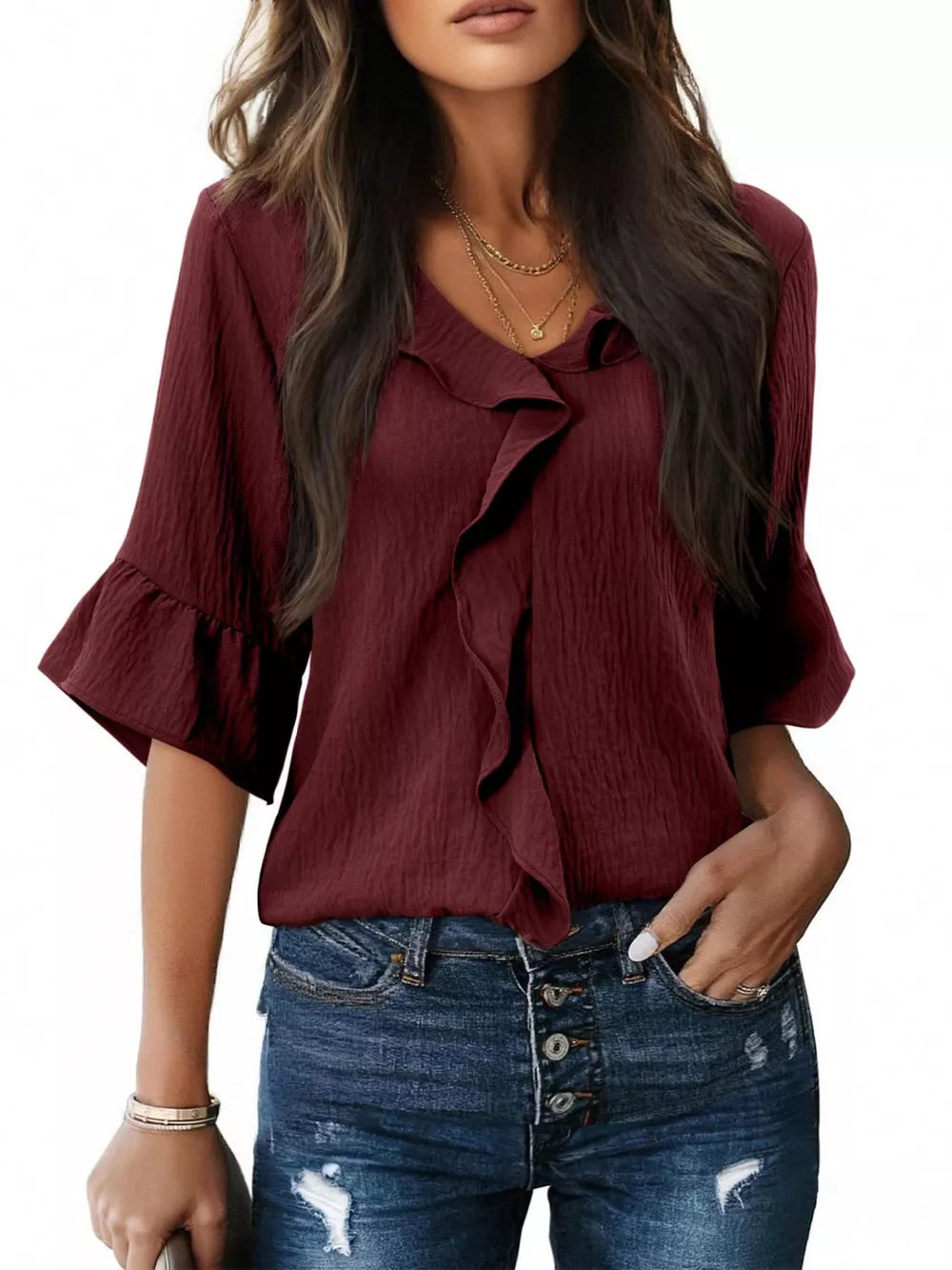 Burgundy maternity shirt with V-neck, cascading ruffles, and 3/4 bell sleeves.