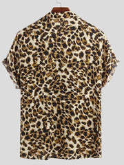 Men's Full Size Leopard Print Short Sleeve Shirt in Leopard, close-up detail