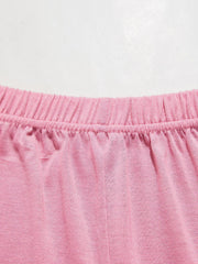 Pink lounge set shorts with elastic waistband and lace trim detail.