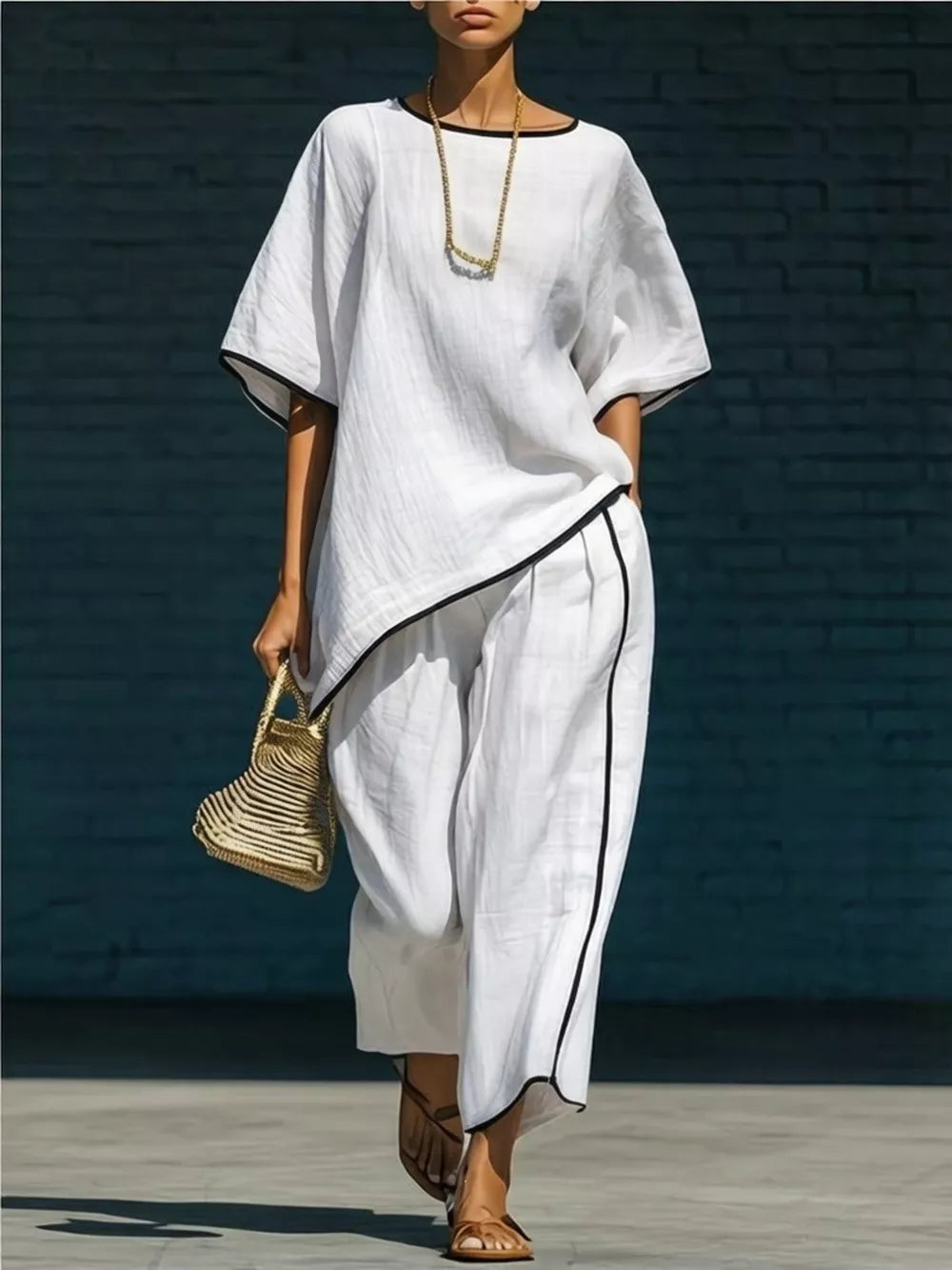 White two-piece set with contrast trim, featuring a cropped pant and oversized top.