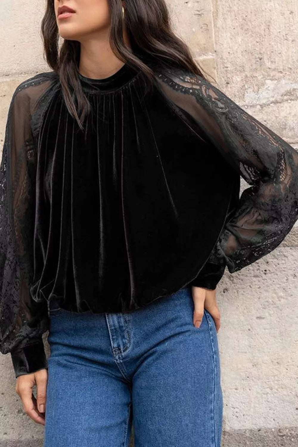Solid Sheer Lace Velvet Blouse, side view
