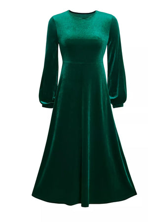 Velvet Balloon Sleeve Maxi Dress in Dark Green, close-up detail