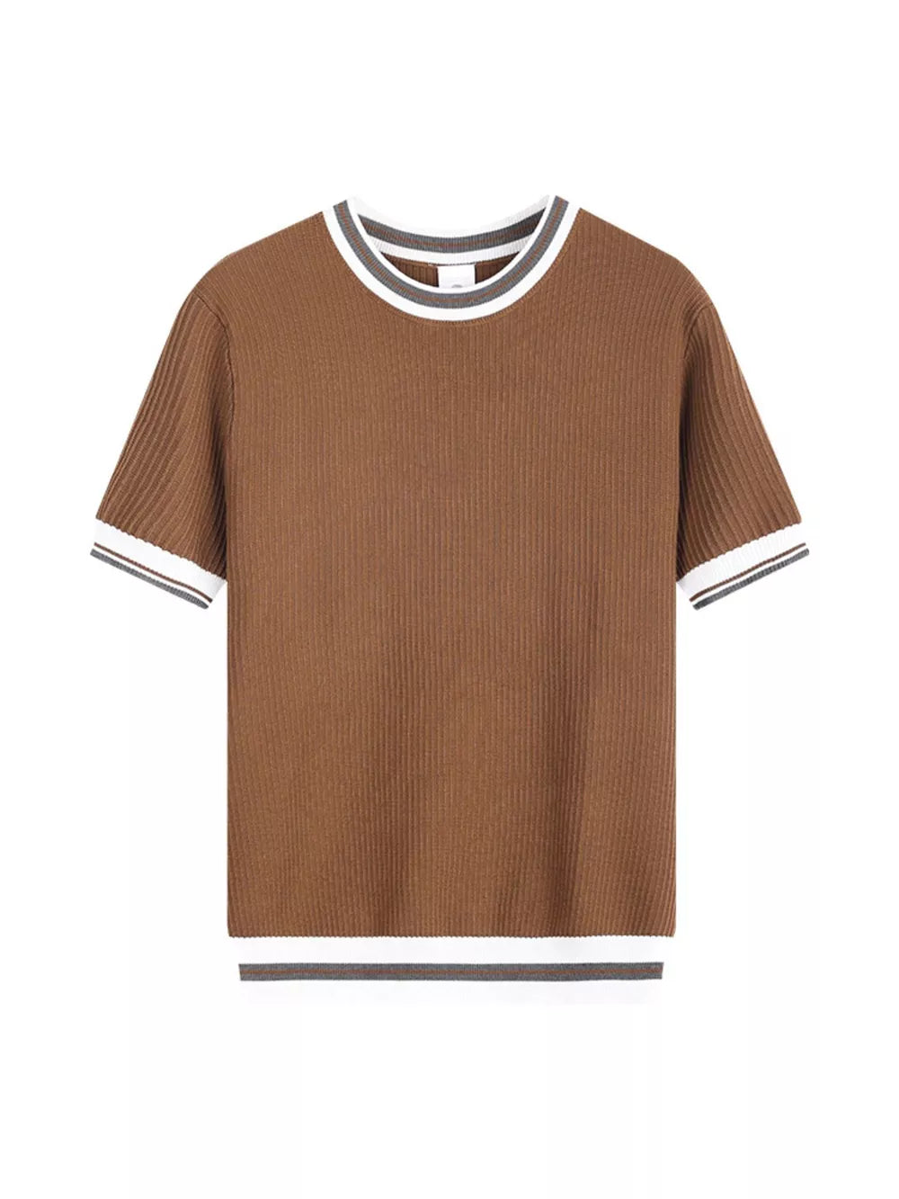 Brown ribbed crew neck t-shirt with striped trim on collar, sleeves, and hem.