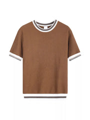 Brown ribbed crew neck t-shirt with striped trim on collar, sleeves, and hem.