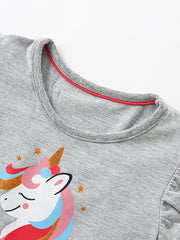 Grey cotton baby dress with unicorn graphic and ruffle sleeves.