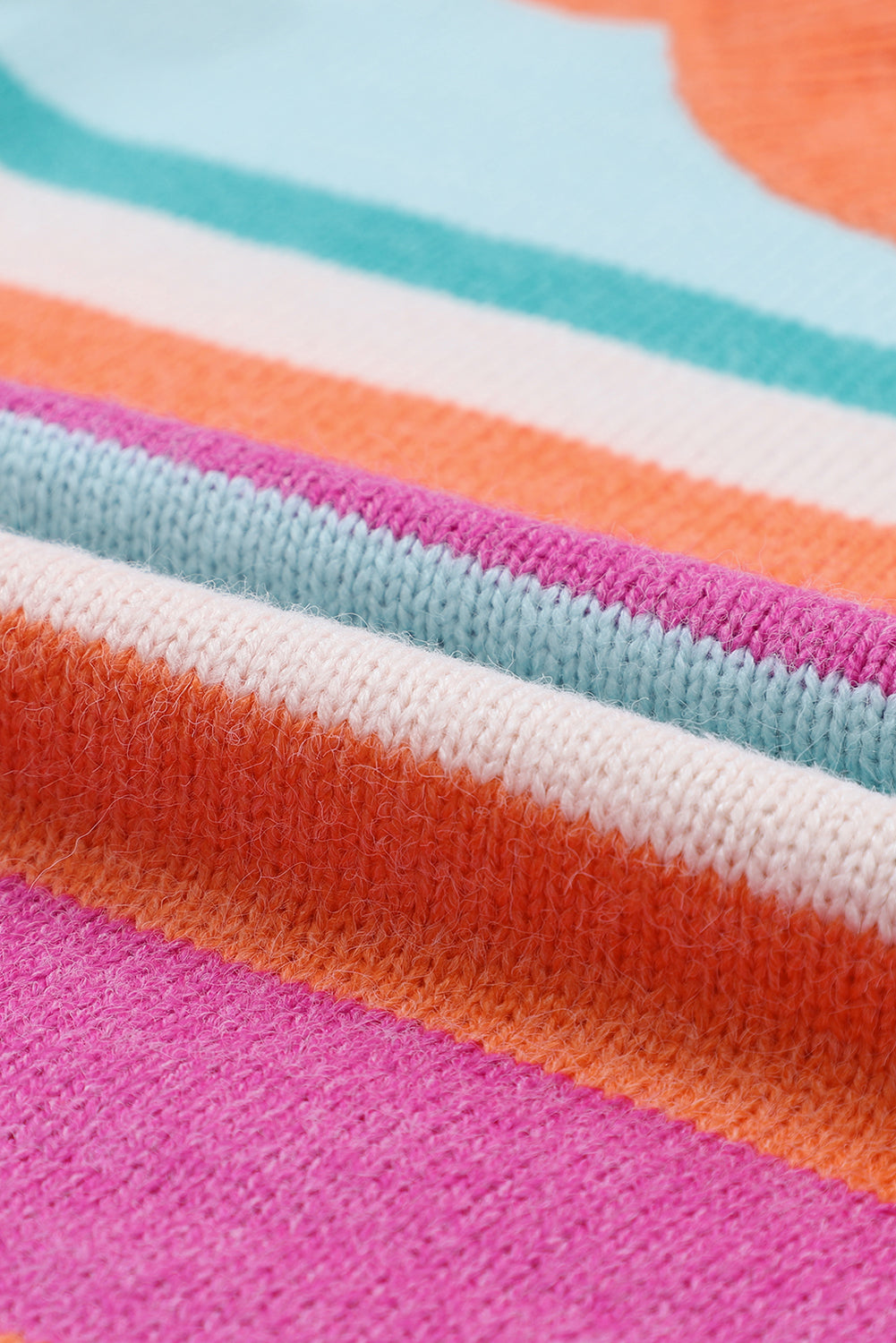 Rainbow stripe knit sweater with balloon sleeves, featuring pink, orange, white, blue, and teal stripes.