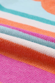 Rainbow stripe knit sweater with balloon sleeves, featuring pink, orange, white, blue, and teal stripes.