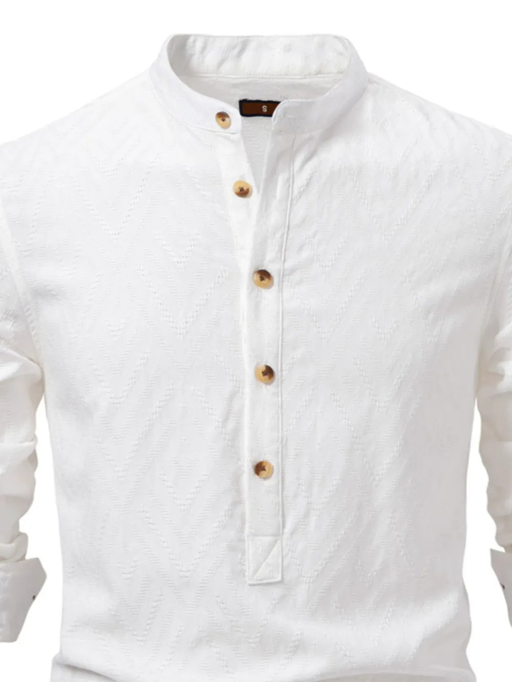 White geo-embossed henley shirt with mandarin collar and button placket.