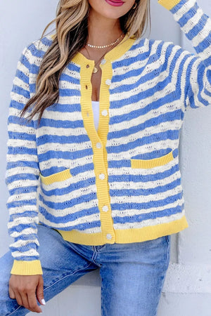 Button-down V-neck Knit Long-sleeve Top in Light Blue, close-up detail