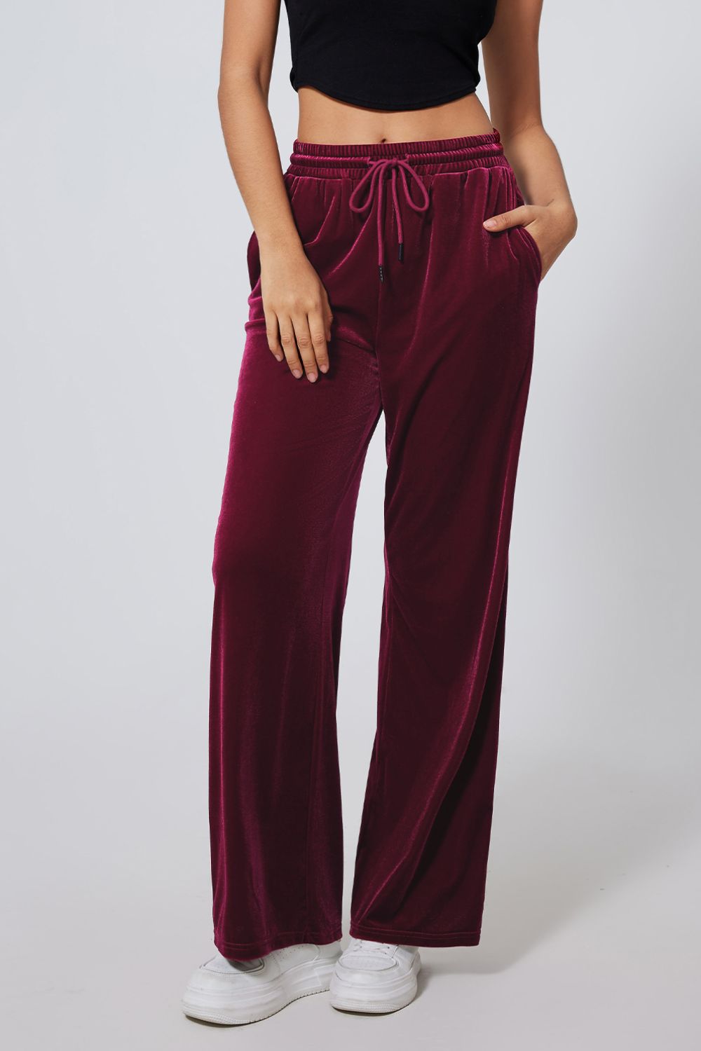 Burgundy velvet lounge wide-leg drawstring trousers with pockets