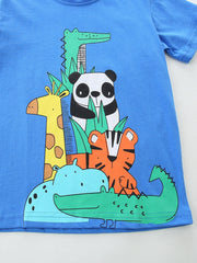 Blue cotton kids' t-shirt with a whimsical jungle animal graphic featuring a giraffe, panda, tiger, and crocodiles.