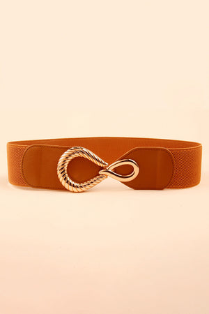Caramel elasticated waist belt with sculpted gold buckle