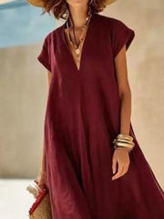 Chic V-neck Maxi Dress With Color-blocked Hem