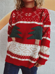 Red acrylic knit sweater with appliqué Christmas trees and festive patterns.