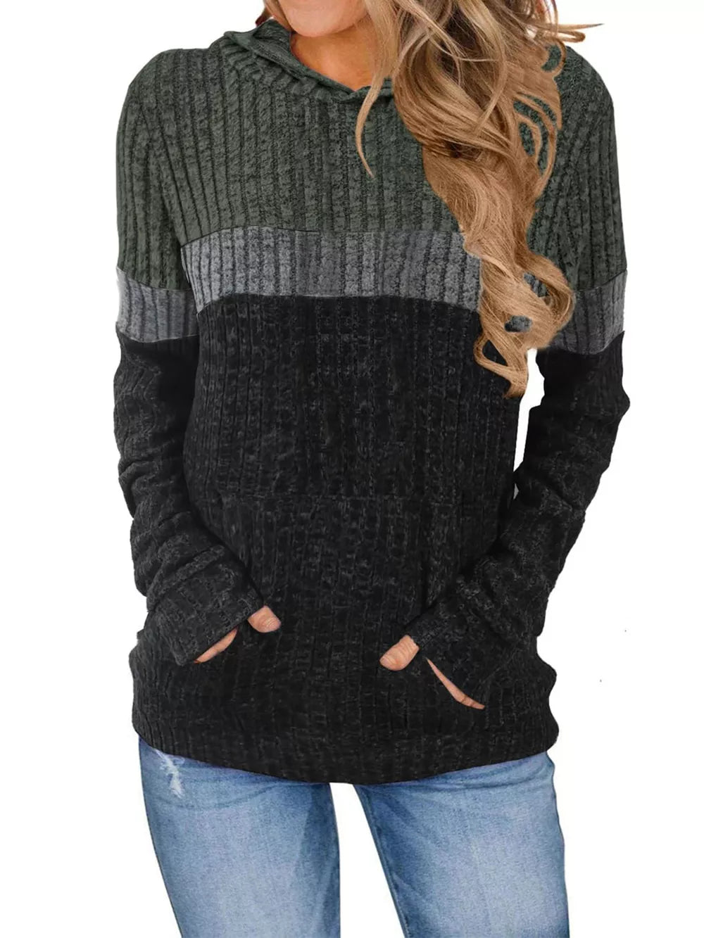 Color block ribbed knit hoodie with thumbholes and front pocket detail.