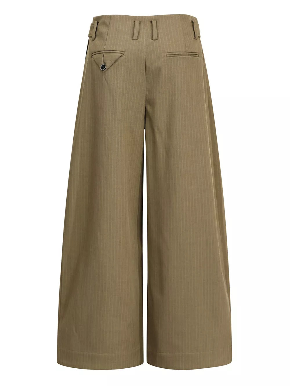 Olive pinstripe wide-leg men's sweatpants with buttoned back pocket detail.