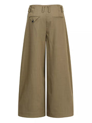 Olive pinstripe wide-leg men's sweatpants with buttoned back pocket detail.