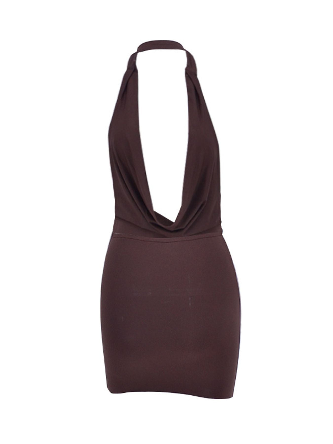 Dark brown ruched cowl neck mini dress with a plunging neckline and halter strap.