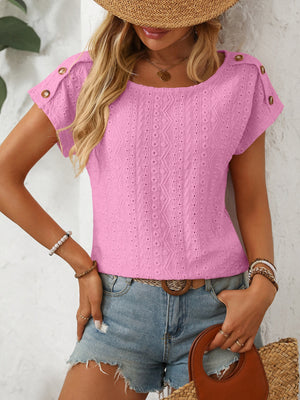 Pink eyelet knit tee with shoulder buttons and short sleeves