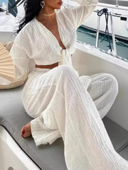 White textured tie-front crop top and wide-leg pants set