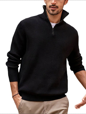 Black textured ribbed quarter-zip pullover sweater with a stand-up collar.