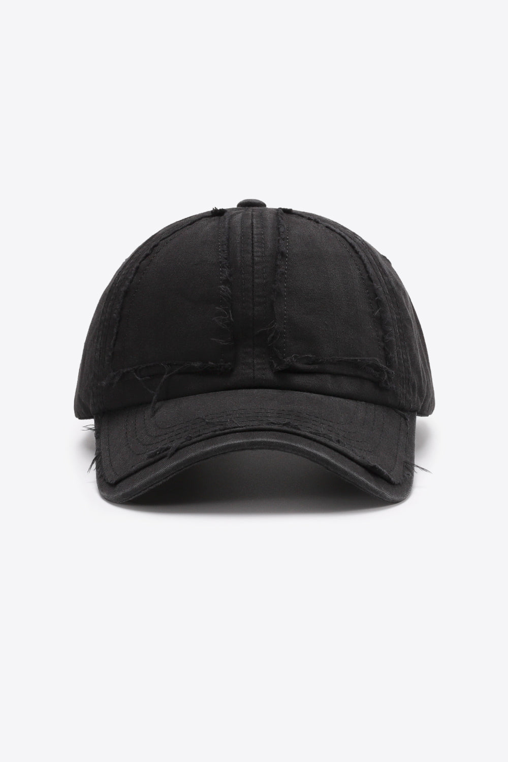 Black denim baseball cap with raw edge details and distressed accents.