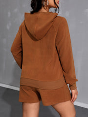 Caramel fleece loungewear set with raglan sleeve hoodie and ribbed hem shorts.