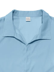 Light blue long-sleeve men's collared shirt with button-down front and polyester material.