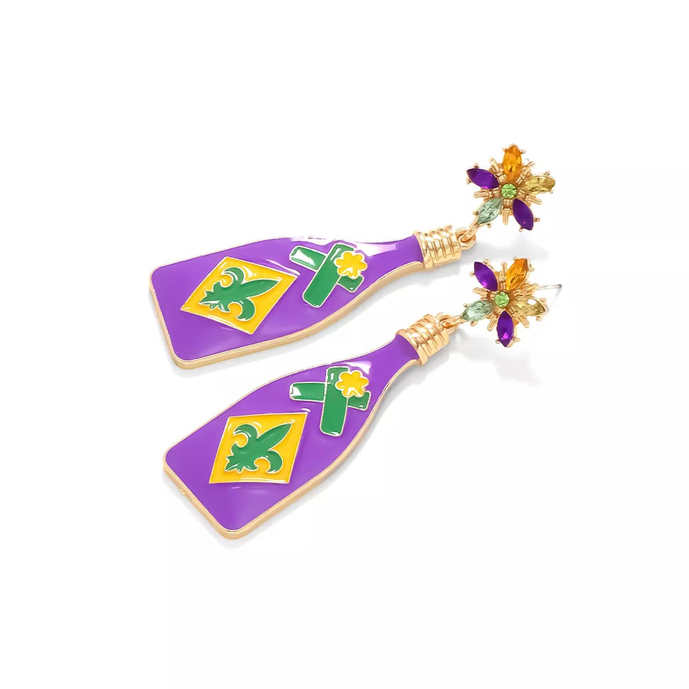 Mardi Gras purple bottle dangle earrings with fleur de lis and jeweled flower tops.