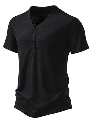 Men's black cotton blend casual t-shirt with button placket and curved hem